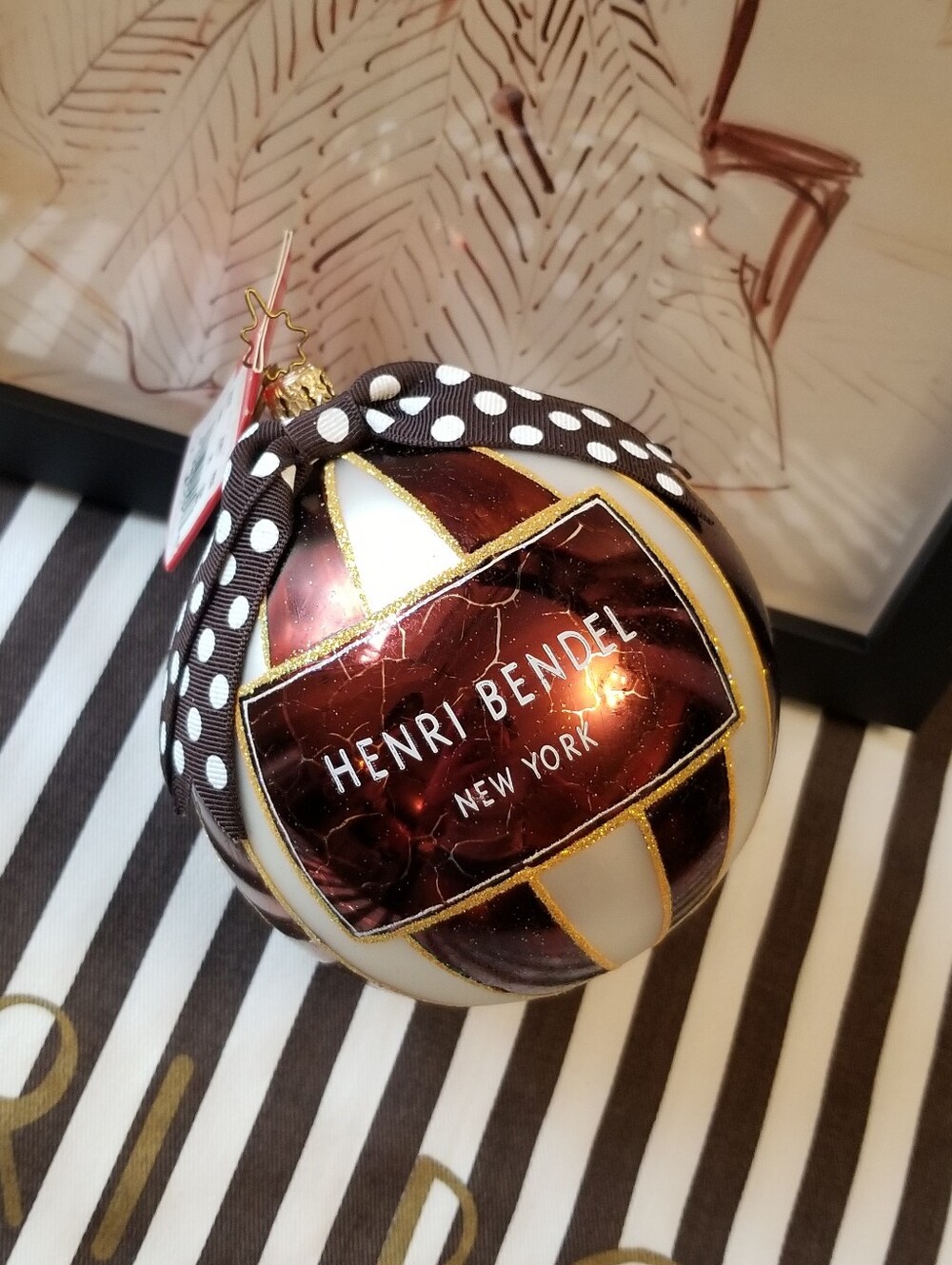 ❗Henri Bendel X Christopher Radko XL Brown White Striped Logo Ornament❗